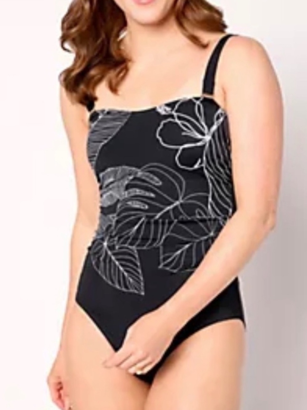 Susan Graver Black One-Piece Swimsuit with White Tropical Print 🌞
